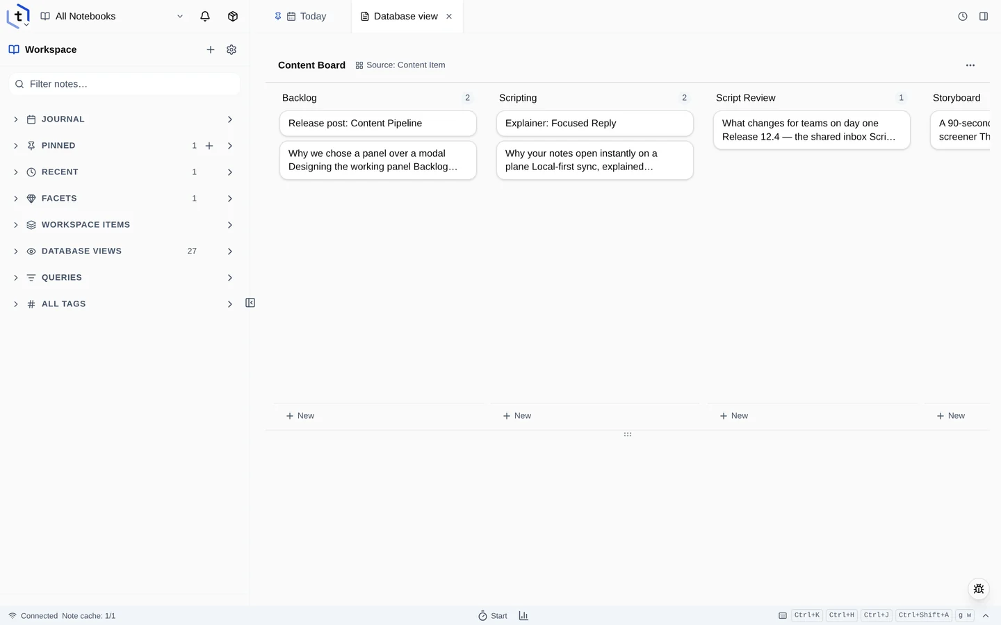 The Content Board — a kanban with columns for Backlog, Scripting, Storyboard, Media Production and Published, each holding content cards.