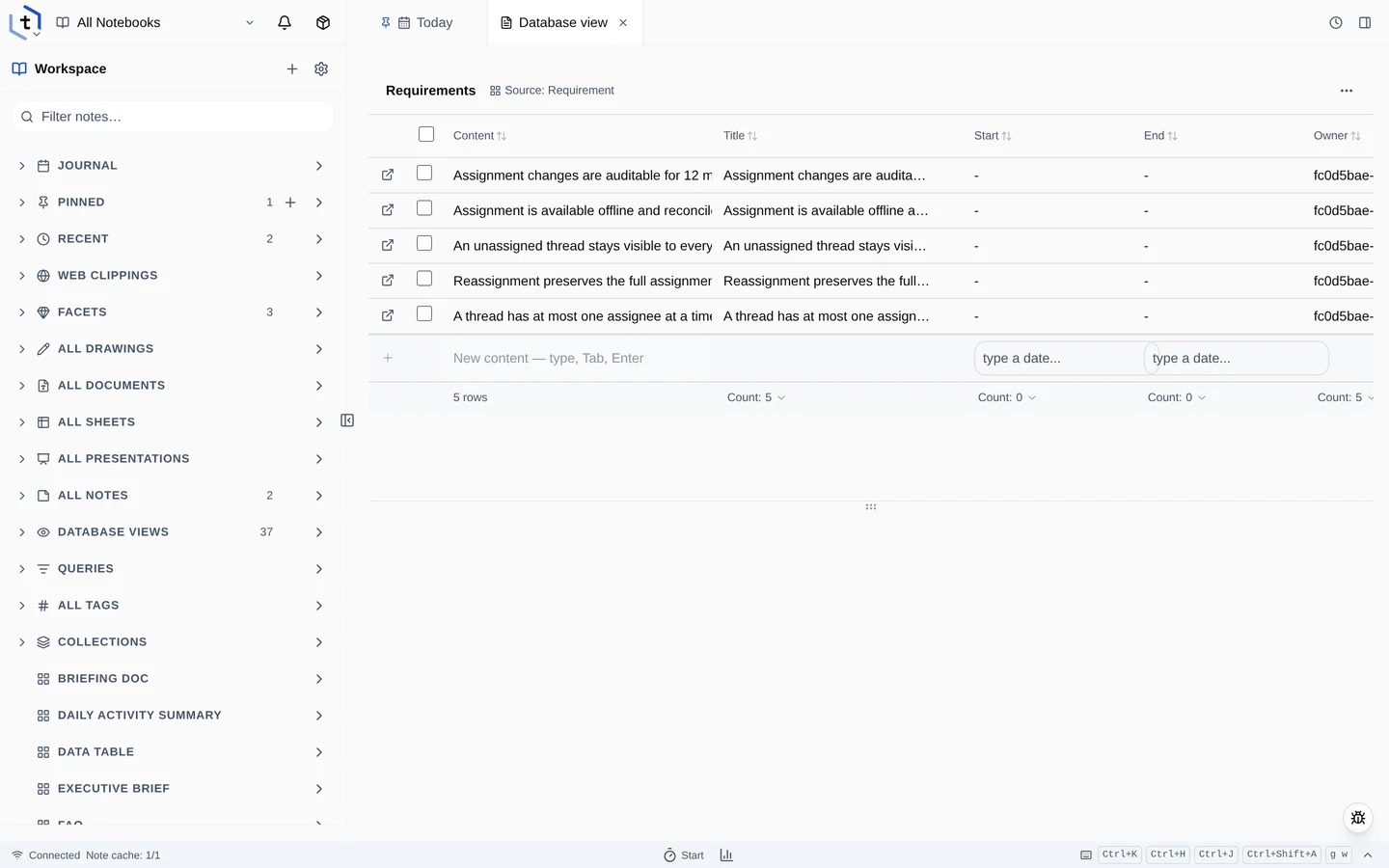The Requirements table listing requirements with a lifecycle status of draft, proposed or approved.